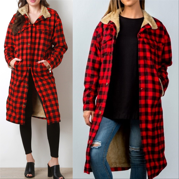 MODA ME COUTURE Jackets & Blazers - Red Plaid Print Fur Lined.Coat